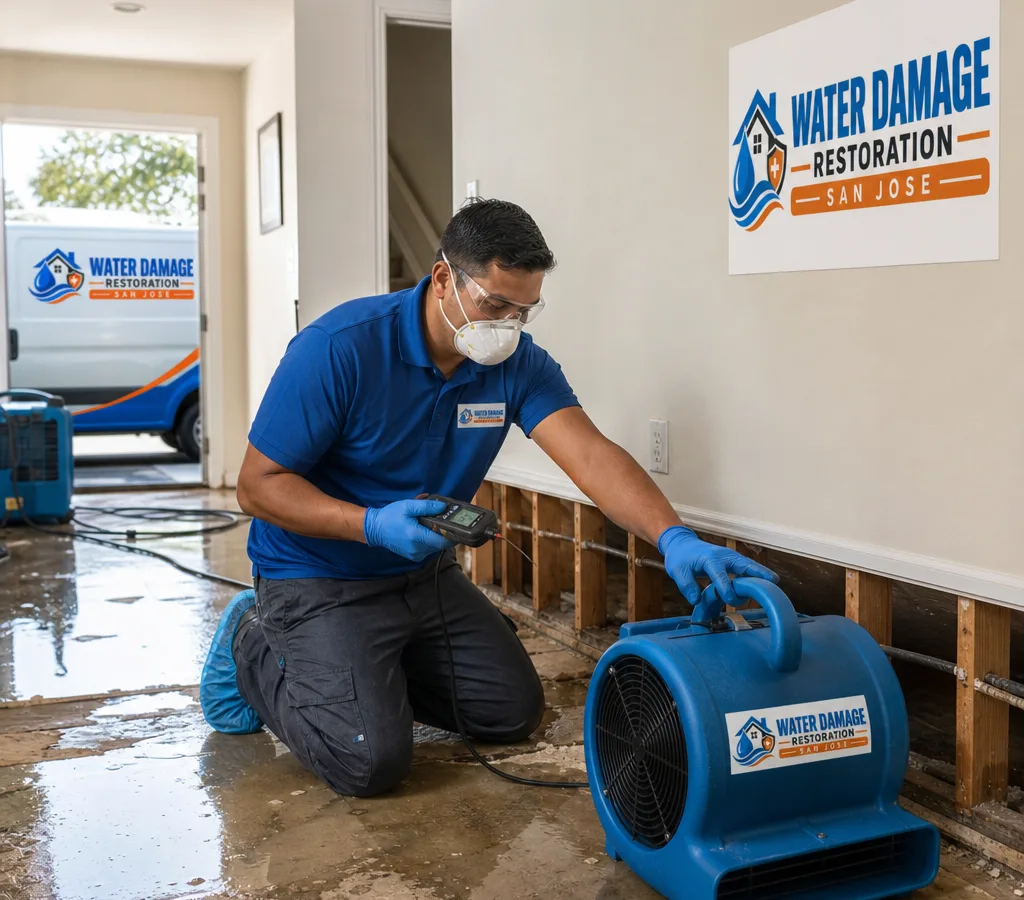 Restoration technician using a moisture meter and setting an air mover in a San Jose home with water-damaged flooring and baseboards