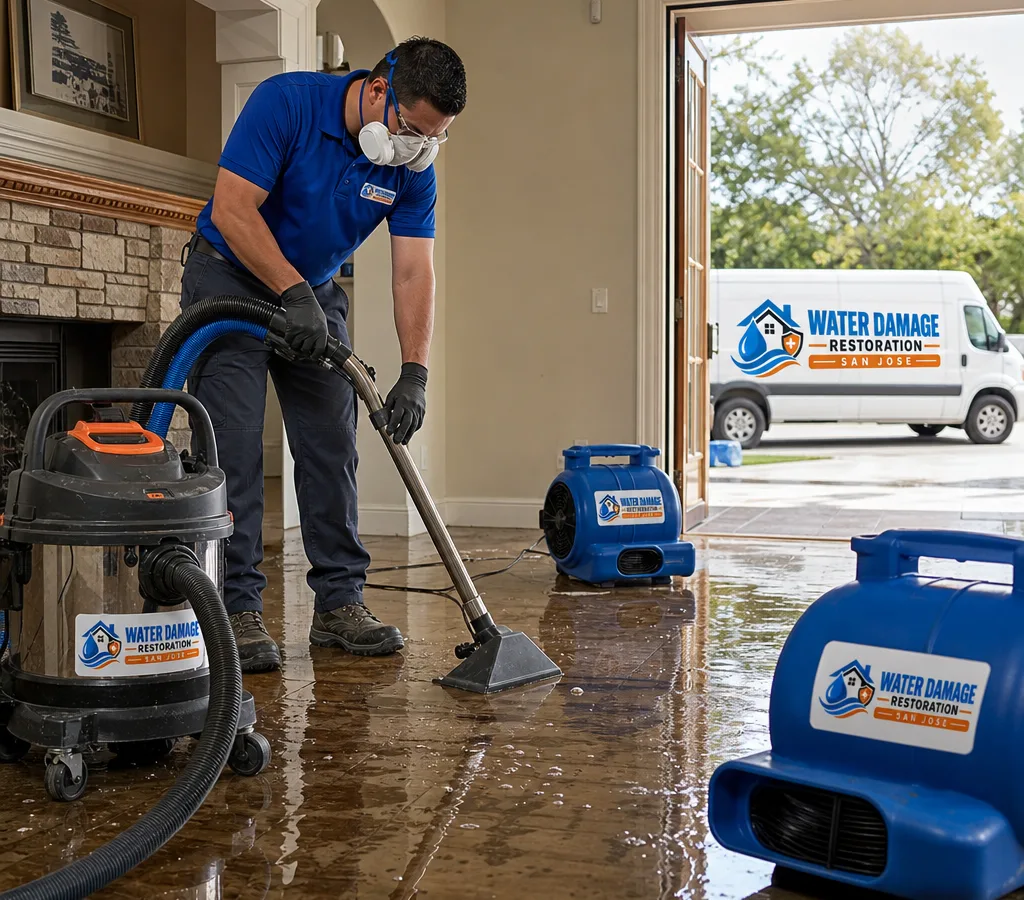 Technician in protective gear using a wet vacuum and air movers during active water damage cleanup in a San Jose home