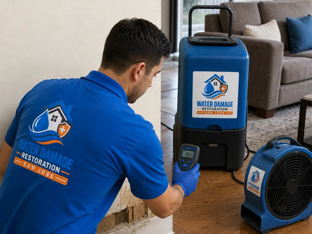 Moisture meter reading on baseboard and drywall beside a dehumidifier and air mover in a San Jose living room after a leak