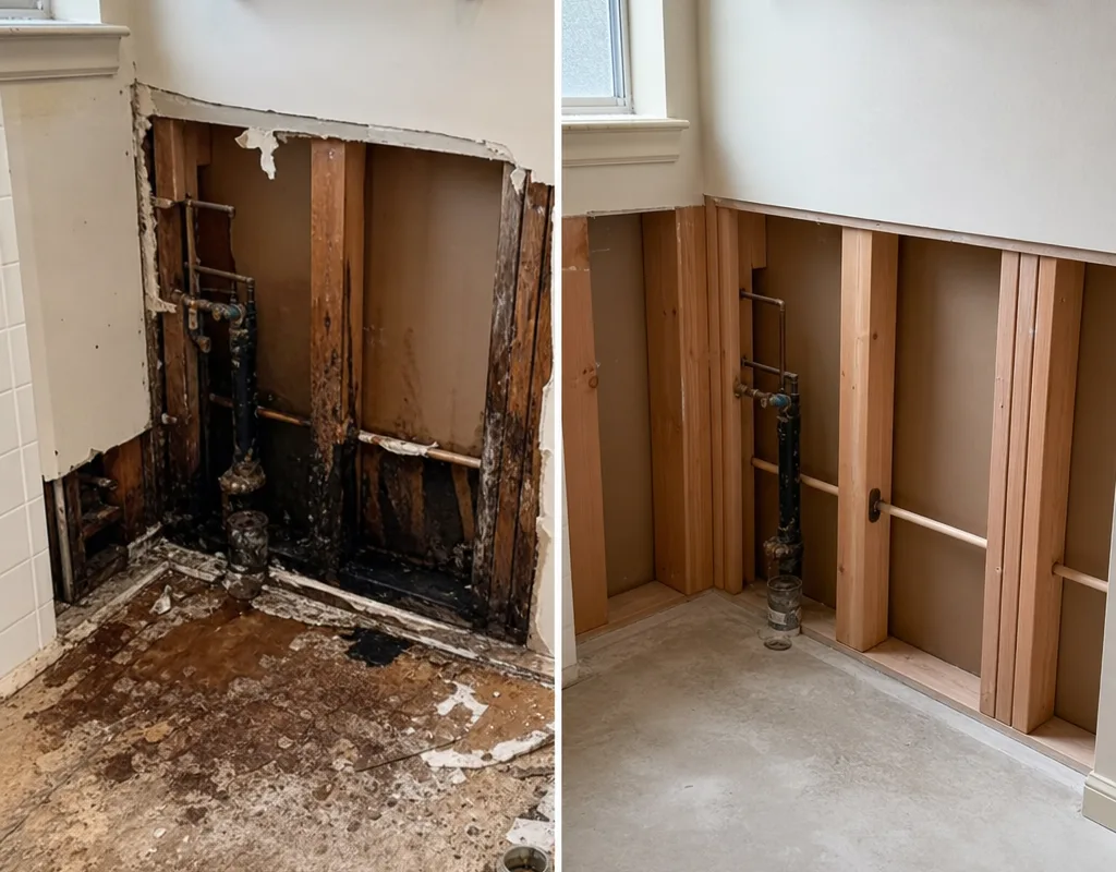 Before-and-after bathroom wall showing affected framing after lower drywall removal and the same area clean, dry, and ready for rebuild