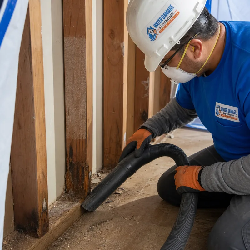 Technician HEPA-vacuuming studs and a sill plate inside a contained work area after material removal