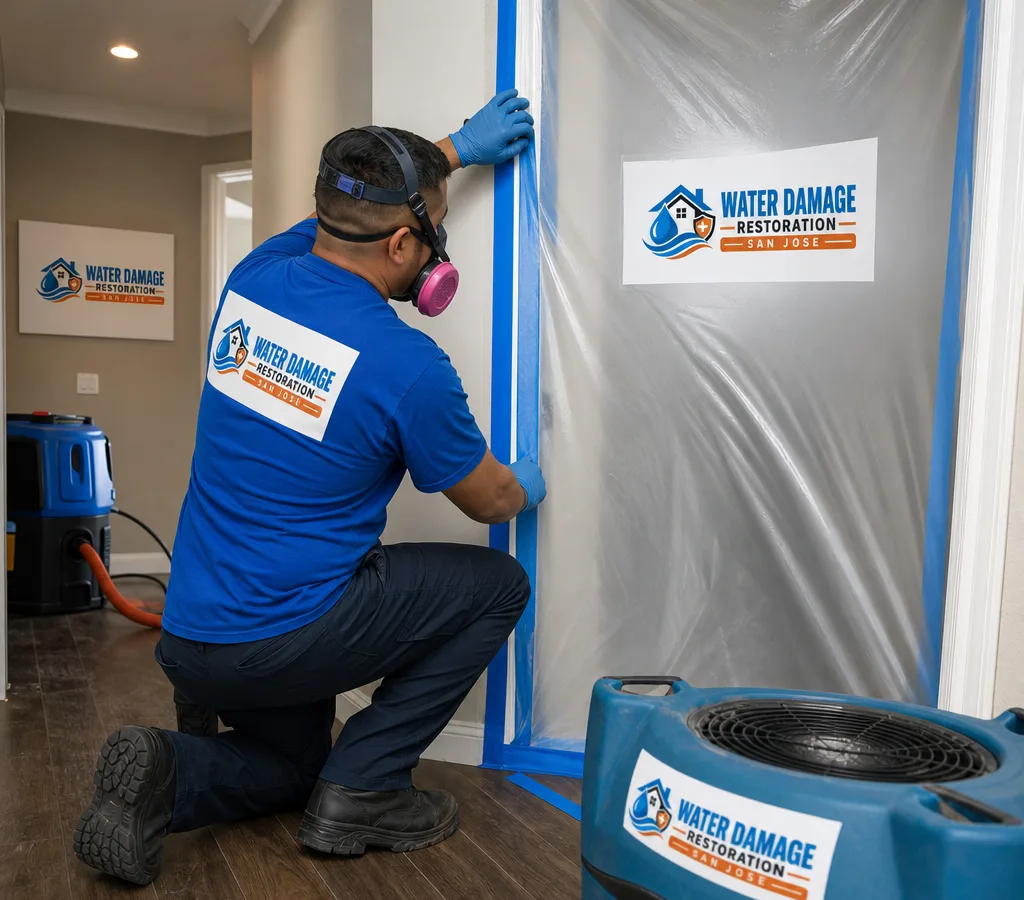 Technician setting up plastic containment and a negative air machine in a San Jose home hallway