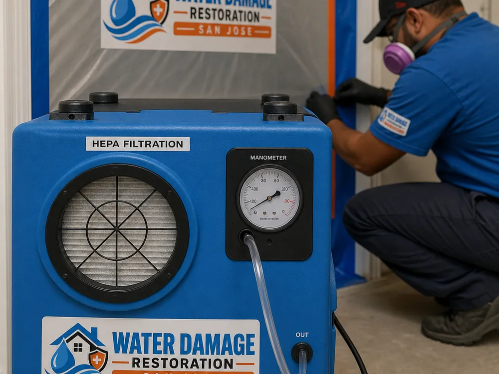 Negative air machine with HEPA filtration and a manometer outside a contained room during mold remediation