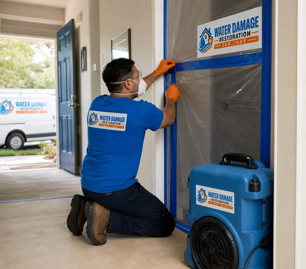 Technician in protective equipment setting up containment and a negative air machine outside a mold-affected room in a San Jose home