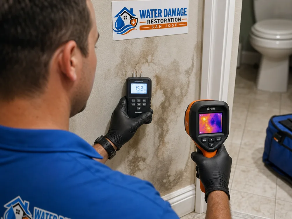 Moisture meter and infrared camera inspecting stained drywall near a bathroom in a San Jose home