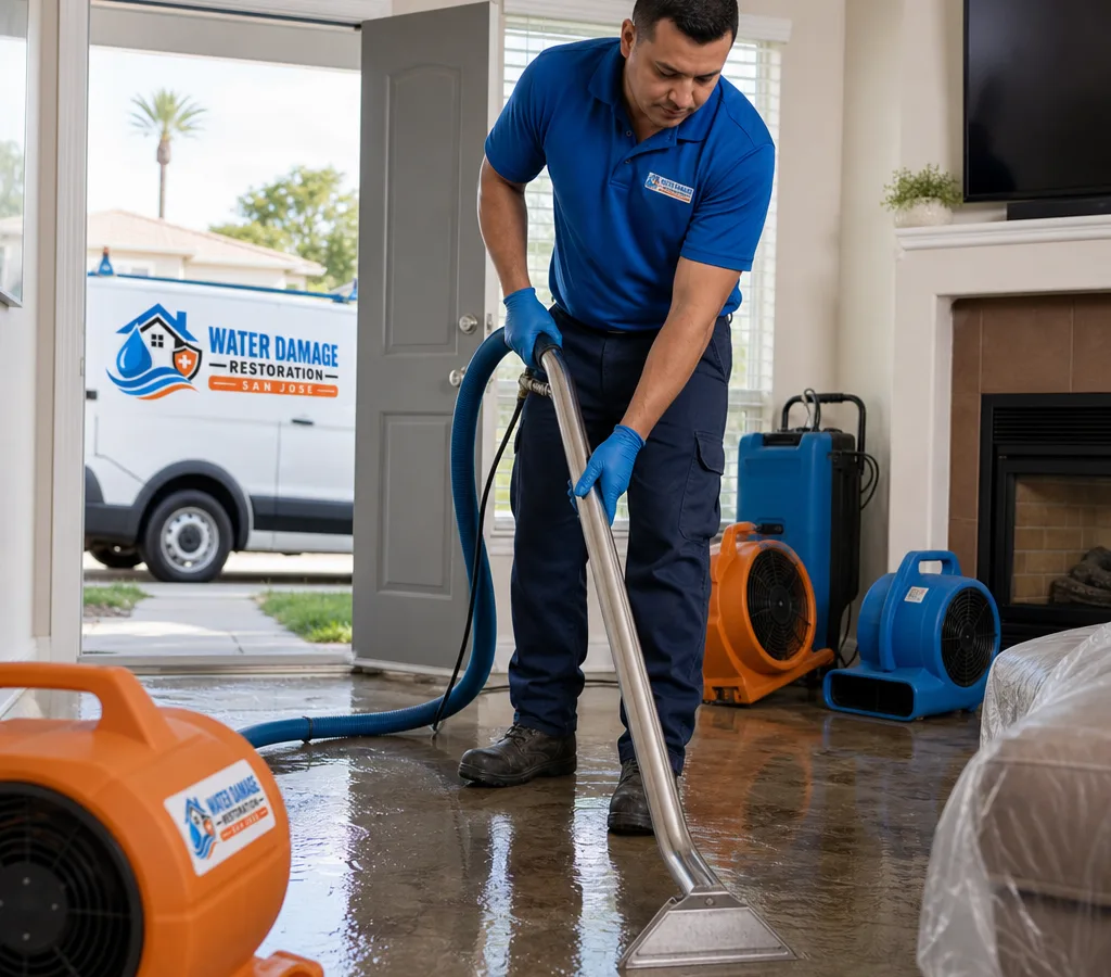 Technician in protective gear using an extraction wand on a wet living room floor with air movers staged in a San Jose home