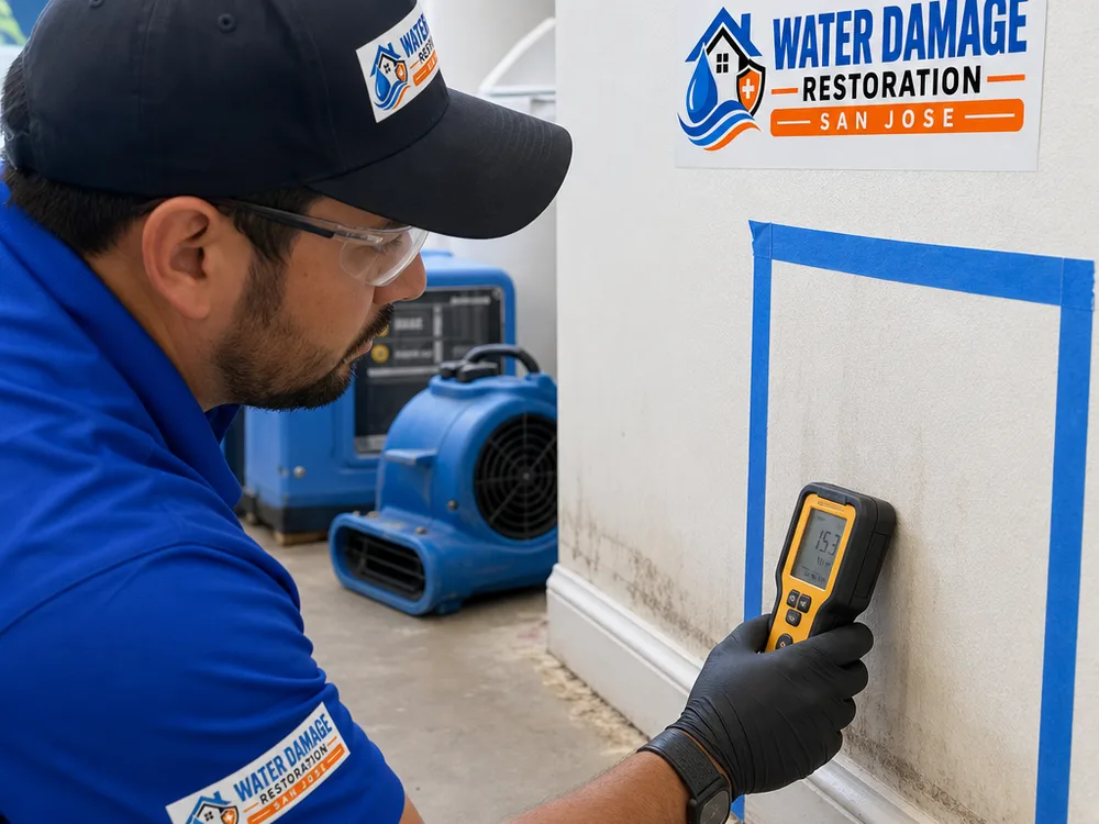 Moisture meter taking a reading on drywall near a marked wet boundary with drying equipment staged nearby