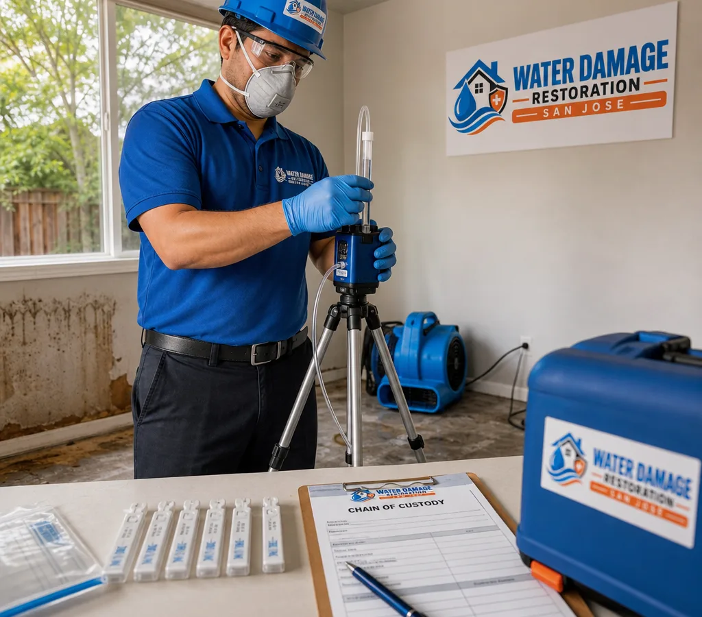 Technician in protective equipment collecting an air sample with a calibrated pump in a San Jose home