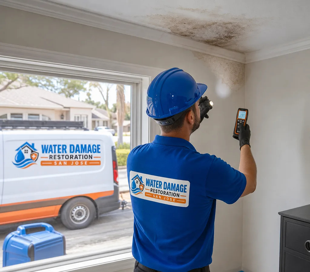 Inspector in protective equipment examining a water-stained ceiling corner with a flashlight and moisture meter in a San Jose home