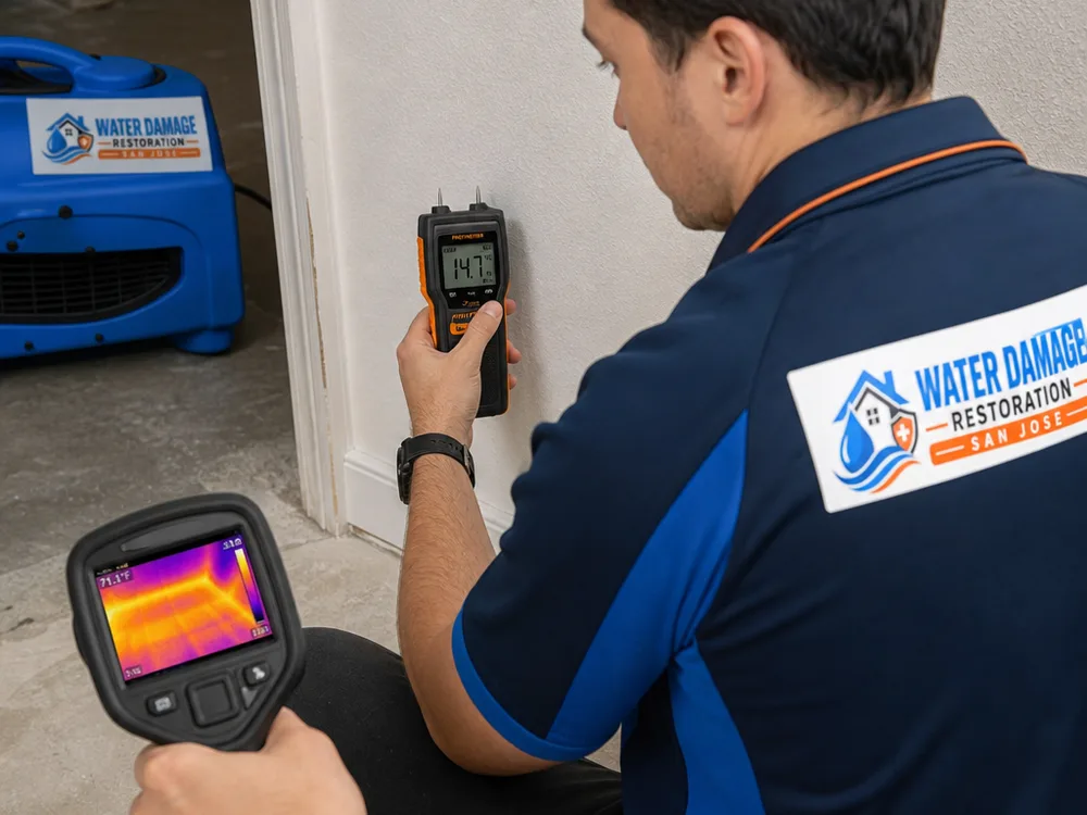 Technician taking a pin moisture meter reading on drywall near a baseboard while viewing a thermal image on a handheld camera