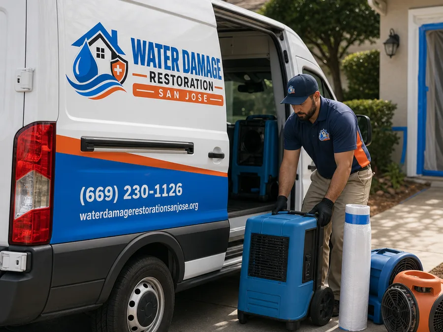 Technician unloading dehumidifiers, air movers, and containment materials outside a San Jose residence