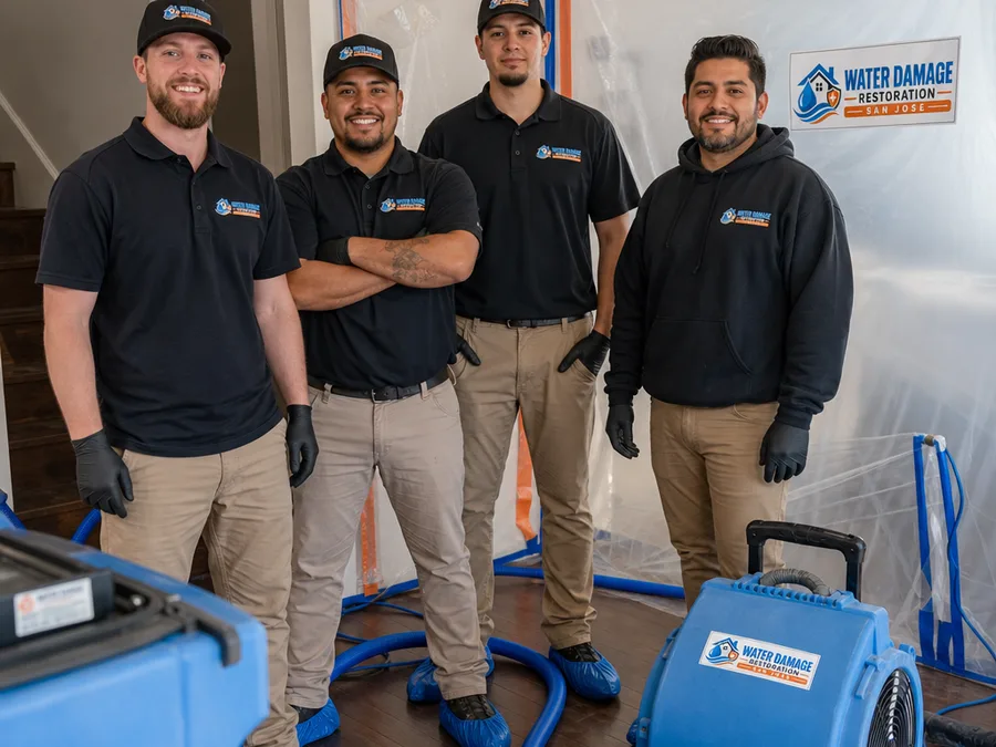 Water damage restoration crew in PPE beside drying equipment and containment materials inside a residence